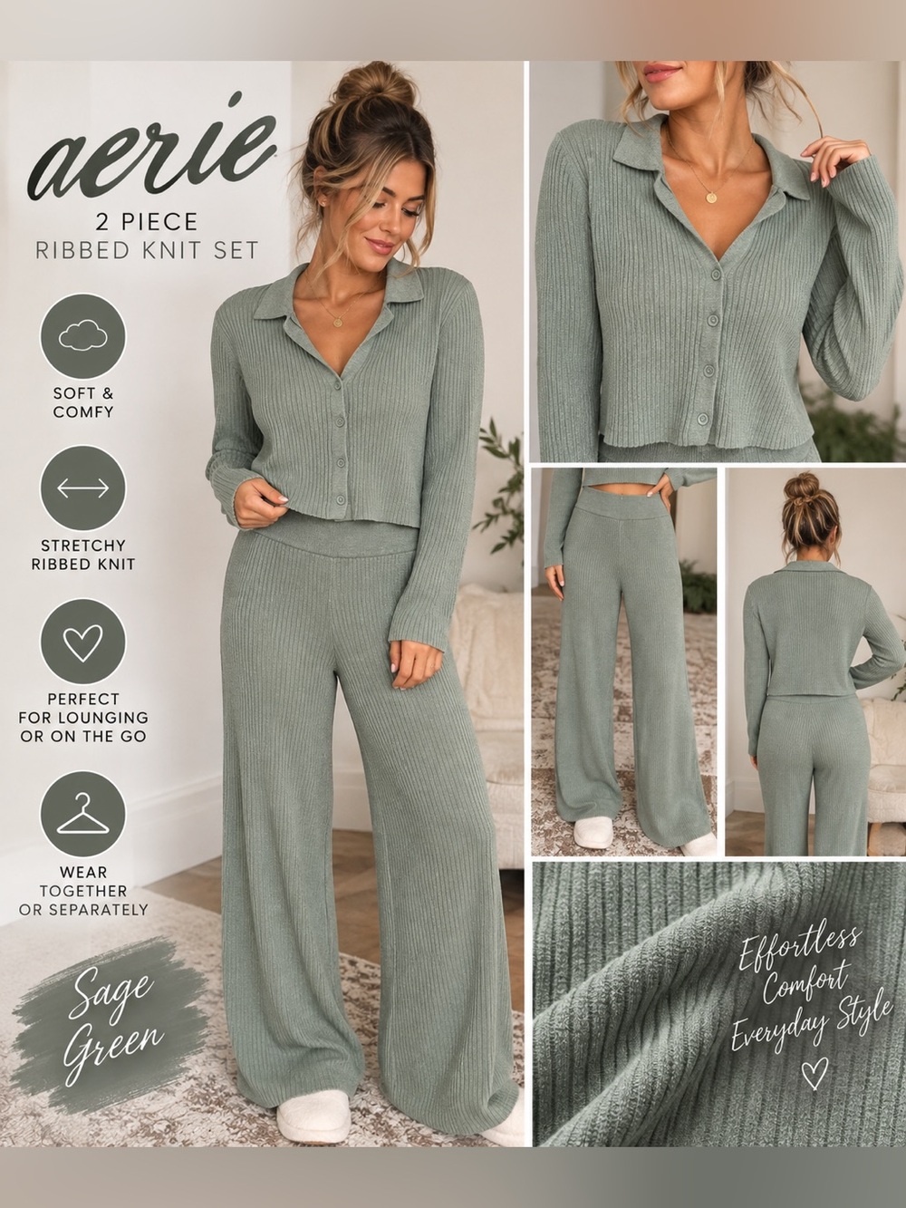 Aerie M Sage Green Ribbed Knit Cardigan Wide Leg Pants 2 Piece Set